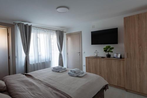Moderan i čist enterijer Kolonja Apartmana u Aranđelovcu sa pogledom na planinu i uređenim dvorištem.